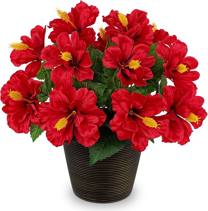 Briful Artificial Hibiscus Flowers in Brown Pot, 14.1" Faux Tropical Flower Plant for Outdoor Porch, Potted Red Hibiscus Tabletop Decor for Living Room, Dining Table, Office, Indoor Home Décor