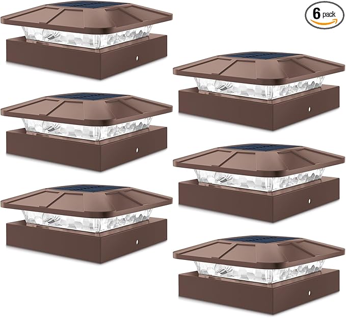 Peasur 6 Packs 4x4 Post Solar Lights with 3 Modes, Waterproof LED Solar Cap Lights for 4×4/3.5×3.5 Wood/Vinyl Posts, Brown Post Top Lighting Outdoor for Fence Deck Mailbox Porch Railing