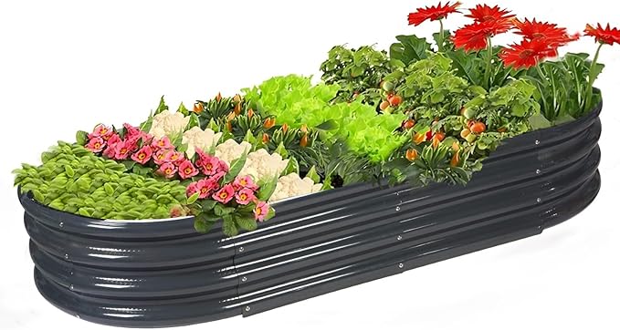Rakukiri Raised Garden Bed GRS Certified Galvanized Planter Box Outdoor, 5ft Oval Rot-Resistant Metal Garden Bed Planter, Recycled Material Planter for Vegetables Flowers Herbs (Grey)