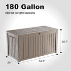 180Gallon Waterproof Outdoor Storage Box, UV Resistant Resin Deck Box with Hydraulic Rod for Reinforced Stability, Perfect for Patio, Garden, and Pool（Grey，180 Gallon）