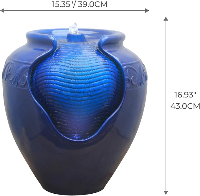 Teamson Home 16.96 in. Outdoor Glazed Pot Water Fountain with LED Lights, Built-in Pump to Create a Calming Oasis in Gardens, Landscaping, Patios, Balconies, Lawns, Royal Blue