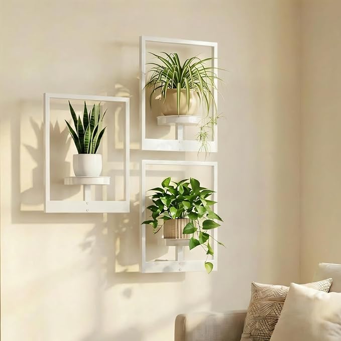 Picture Frame Wall Planters Set of 3, Modern Metal Hanging Shelves for Plants, Rustproof Wall Mount Flower Pot Holder for Indoor Outdoor, Decorative Plant Stand for Living Room Patio, White