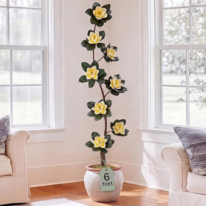 Jexine 6 ft Artificial Rubber Tree with 8 Magnolia Flowers in Pot Extra Tall Faux Magnolia Tree Fake Plant Indoor Floor Plant for Indoor Living Room Office Home Decor