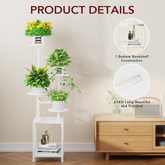 Homsorout Plant Stand Indoor with Grow Light, 5-Tiered Tall Plant Stand Indoor, Metal Plant Shelf with Adjustable Light, Ideal for Living Room, Garden, Round Patio white