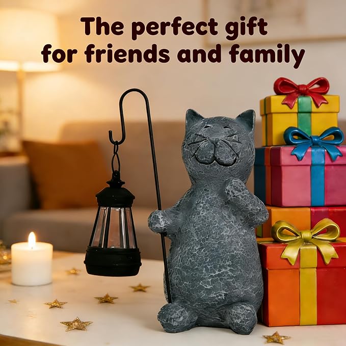 Cat Solar Garden Statues, Resin Cat Figurine Decorations,Outdoor Figurines for Lawn Patio Balcony Yard Ornament, Unique Housewarming and Birthdays Gifts for Mom Women Grandma