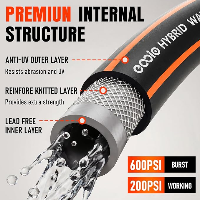 Garden Hose 100 ft x 5/8", Heavy Duty Water Hose, Flexible and Durable, Kink Resistant Lightweight Hybrid Hose, Leakproof Yard Hose with Male to Female Fittings
