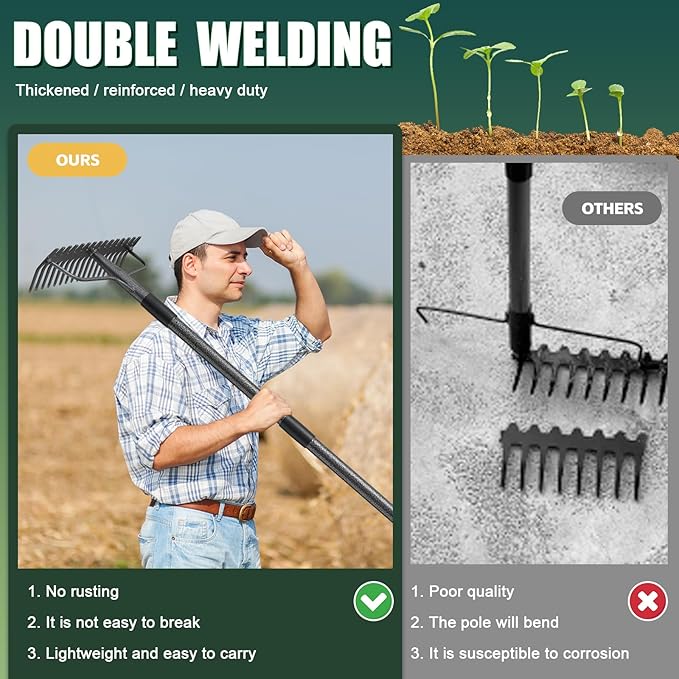 77'' Bow Rake Heavy Duty Garden Rake with Stainless Steel Handle,Tines Metal Head Rake Tool for Loosening Soil Gathering Leaf Leveling Lawn Farming Land Management Yarn Thatch Rake