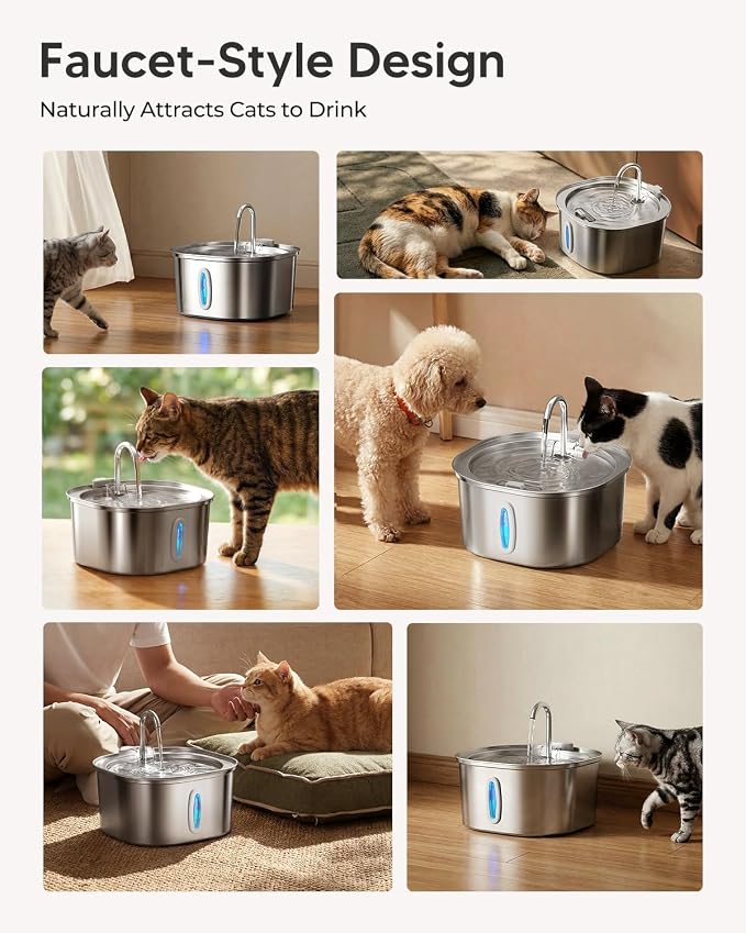 PEKTACO Stainless Steel Cat Water Fountain, 3.2L/108oz Cat Water Dispenser with Quiet Water Pump, Dishwasher Safe Pet Drinking Fountain for Cats with 3 Filters + 3 Sponges