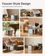 PEKTACO Stainless Steel Cat Water Fountain, 3.2L/108oz Cat Water Dispenser with Quiet Water Pump and Water-Level Window, Dishwasher Safe Pet Drinking Fountain for Cats with 6 Filters + 6 Sponges
