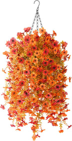 Artificial Fall Fake Flowers for Outdoor, 2 Pcs Faux Hanging Flowers Outdoor Fall Decor, UV Resistant No Fade Fake Mums Silk Flower for Front Door Porch Planters Patio Yard Garden(Orange Autumn Red)
