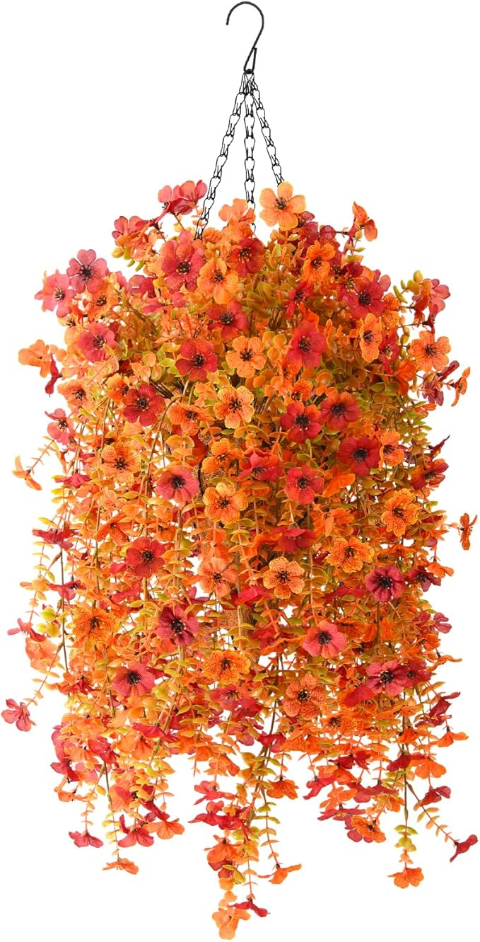 Artificial Fall Fake Flowers for Outdoor, 2 Pcs Faux Hanging Flowers Outdoor Fall Decor, UV Resistant No Fade Fake Mums Silk Flower for Front Door Porch Planters Patio Yard Garden(Orange Autumn Red)