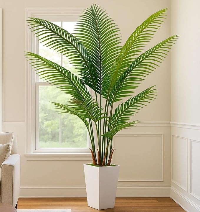 7FT Artificial Palm Tree, Tall Artificial Tree Plants with Fake Plants, Large Faux Plants Indoor with Lifelike Leaves for Outdoor Indoor Home Office Living Room Decor (White)
