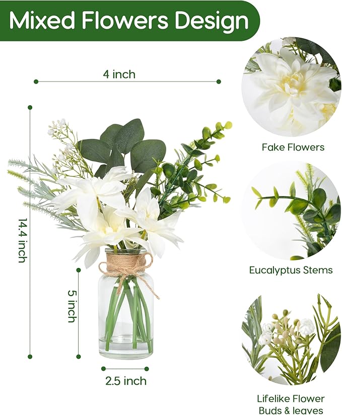 Velener Artificial Flowers with Stems Fake Flowers in Vase with Faux Water, Fake Plants for Home Decor, Office Kitchen Bathroom Farmhouse Living Room Coffee Table Faux Centerpieces for Tables