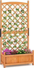 HAPPYGRILL Raised Garden Bed with Trellis, Large Planting Box w/Drainage Holes, 60” Wooden Garden Planter w/Diamond Lattice Trellis for Climbing Plants, Outdoor Planter Box for Patio (1, Orange)