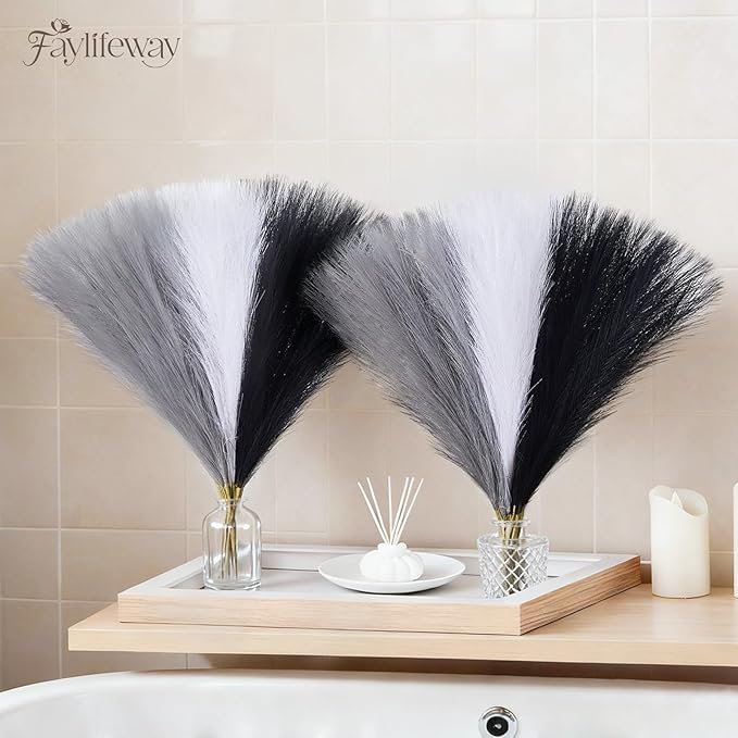 50pcs Pampas Grass 17in, Black and White Pampas Grass Artificial Fluffy Vase Filler Flower Arrangement for Home Party Living Room Decor(Black & Grey & White)