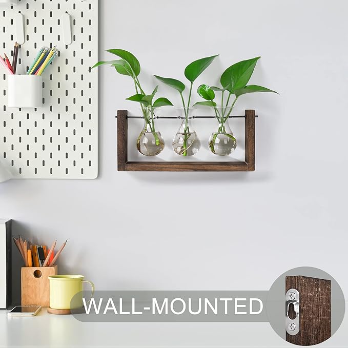 YIBOT Wall Hanging Planter Propagation Station Glass Flower Vase for Hydroponics Plants, Plant Terrarium with Wooden Stand, Bathroom, Home Office Living Room Decor Gift