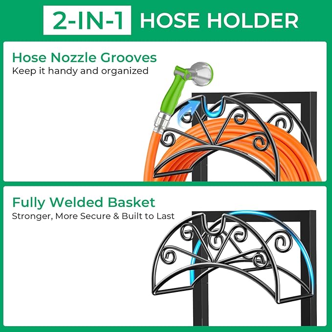 TomCare Garden Hose Holder Heavy Duty Water Hose Holder Holds 160 FT Hoses 4 Spikes Hose Reel Freestanding Hose Hanger Sturdy Hose Storage Stand for Outside Yard Lawn