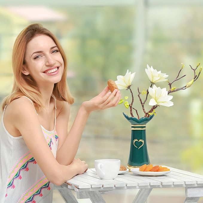 LoveLin,Artificial Flowers with Ceramic Vases,Faux Flower Arrangement,Affordable Luxury Artwork,Housewarming New Year Xmas Gift,Home Decor (White/Dark Green)