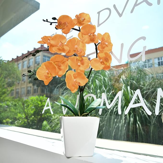 15" Tall Artificial Silk Phalaenopsis Orchid Flower Plant Pot Arrangements (Orange)