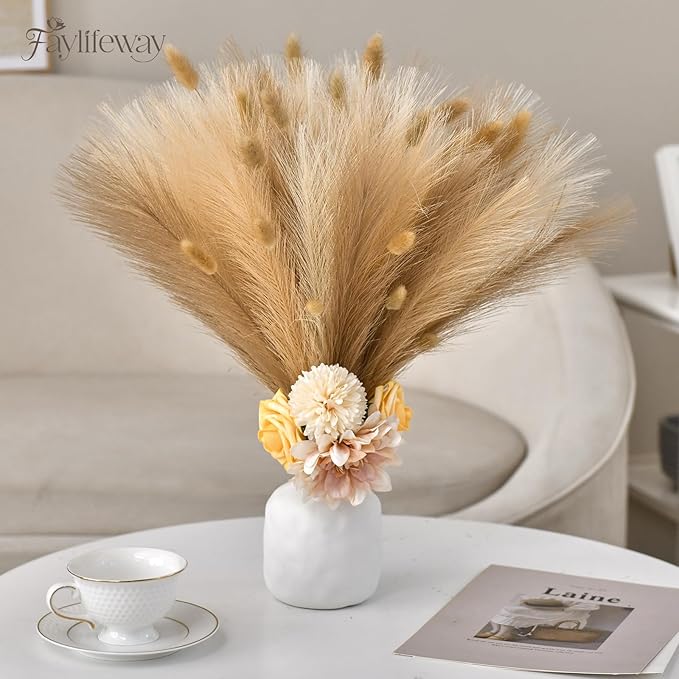 50pcs Pampas Grass 17in, Faux Pompas Grass Home Decor, Artificial Pampas Fake Flowers Fluffy Vase Filler Home Wedding Party Decoration (Sand Beige Light Brown)