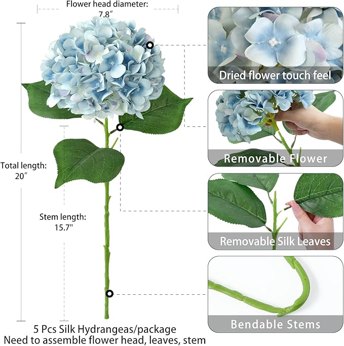 ZYTUYO 5 Pcs Light Blue Silk Hydrangeas Artificial Flower Boho 20'' Faux Hydrangeas for Spring Home Decor Kitchen Living Room Porch Wreath Indoor Outdoor Wedding Flower Arrangement