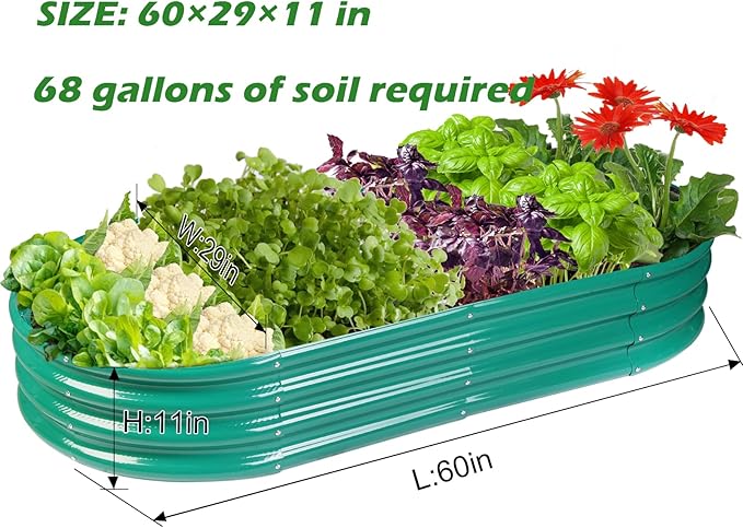 Rakukiri Raised Garden Bed GRS Certified Galvanized Planter Box Outdoor, 5ft Oval Rot-Resistant Metal Garden Bed Planter, Recycled Material Planter for Vegetables Flowers Herbs (Green)