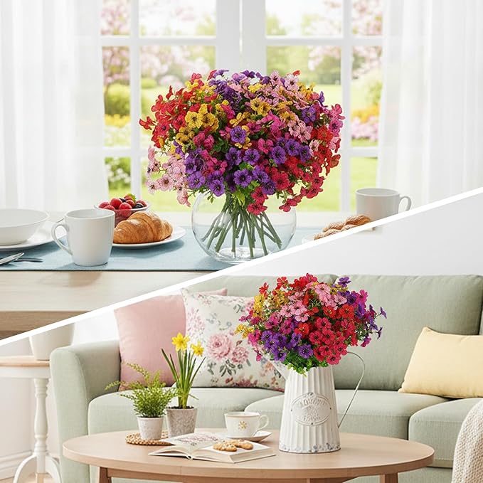 CEWOR 24 Bundles Artificial Flowers for Outdoor Indoor, Fake Silk Daisy with Eucalyptus Leaves, Faux Flower for Garden Front Door Porch Planter Patio Home Decor (6 Multicolor)