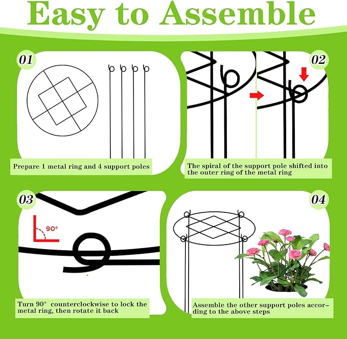 Peony Cages and Supports, 4 Packs Heavy Duty Metal Plant Support, 11.5" Dx16 H Rust-Proof Grow Through Flower Cage, Adjustable Ring for Tomatoes, Hydrangeas, Strawberries & Perennial Flowers