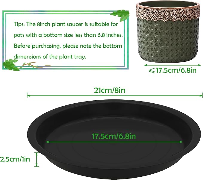 12 Pack 8 Inch Round Plant Saucers for Less 6.8 Inch Pot Indoors Outdoors Plant Trays for Pots Planter Saucer Plastic Plant Drip Tray Planter Water Tray for Potted Plants (Black, 8"(12pcs))