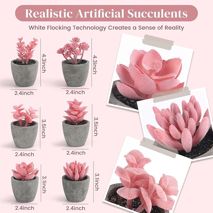 DomeStar Set of 6 Artificial Succulent Plants Potted, Assorted Decorative Pink Faux Succulent Potted Fake Cactus Cacti Plants with Pots