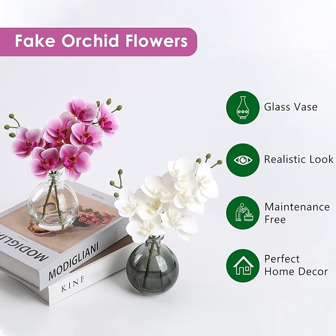 Oairse White Orchids Artificial Flowers Faux Orchid Arrangement with Clear Glass Vase Set of 2 Real Touch Phalaenopsis Orchid Flowers Orchid Centerpiece for Dining Room Table
