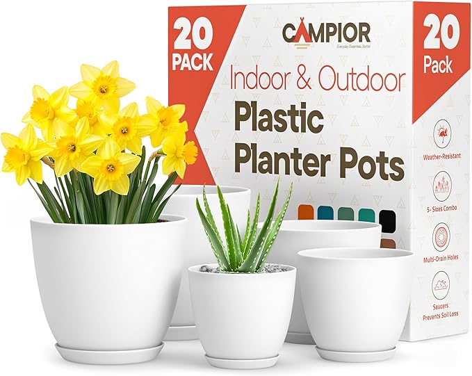 Campior Plastic Plant Pots with Drainage - Home Decor Flower Pot, Stackable Design for Indoor & Outdoor Use, Lightweight and Sturdy, Space-Saving, (7”, 6.6”, 6”, 5.3”, 4.8” Inches), Pack of 20, White
