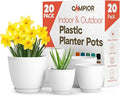 Campior Plastic Plant Pots with Drainage - Home Decor Flower Pot, Stackable Design for Indoor & Outdoor Use, Lightweight and Sturdy, Space-Saving, (7”, 6.6”, 6”, 5.3”, 4.8” Inches), Pack of 20, White