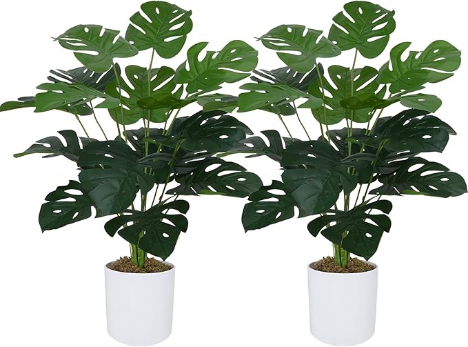 GTIDEA 2 Pack Fake Plants Artificial Monstera Deliciosa Plants in White Pots, 28'' Tall Fake Tropical Palm Tree with Greenery Leaves, Artificial Plant for Home Decor Indoor Living Room House Office