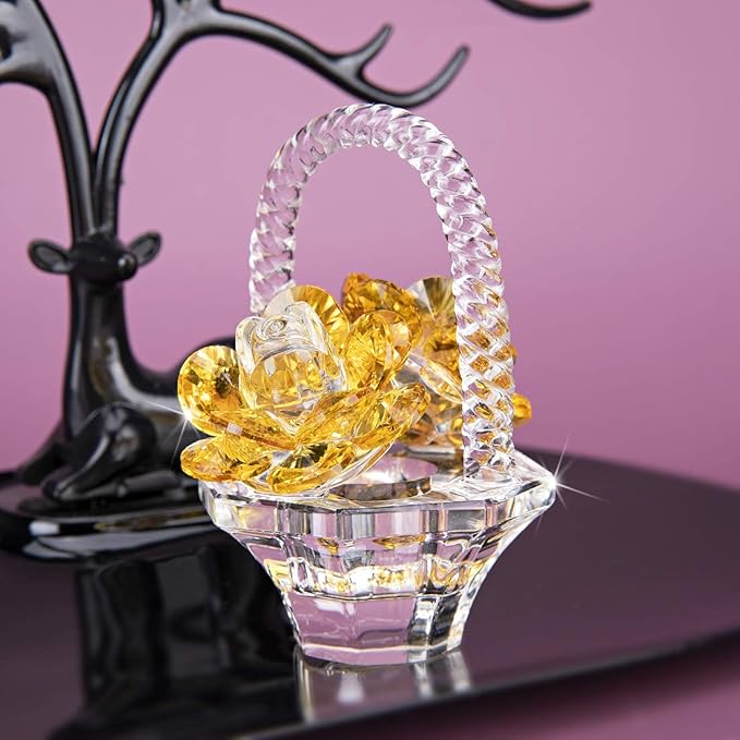 H&D HYALINE & DORA Crystal Flower Basket Figurine Collectable Ornaments Home Decor Tabletop Centerpiece Gift for Lady，Yellow Color