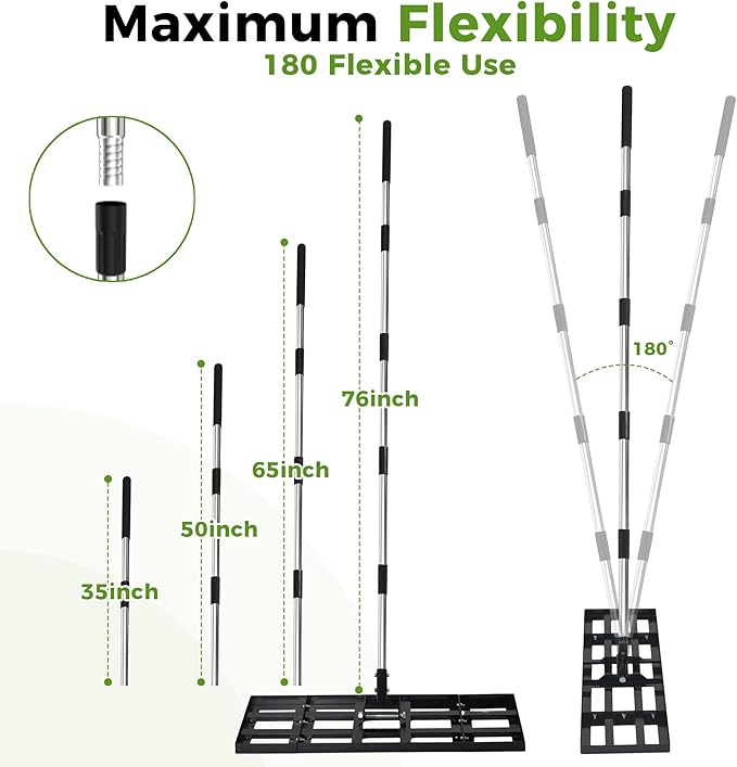Lawn Leveling Rake, 30"x10" Stainless Steel Lawn Leveler with 76" Adjustable Handle, Heavy-Duty Yard Leveling Rake for Garden, Golf Course, Farm, Pasture, Professional Lawn Care Tool
