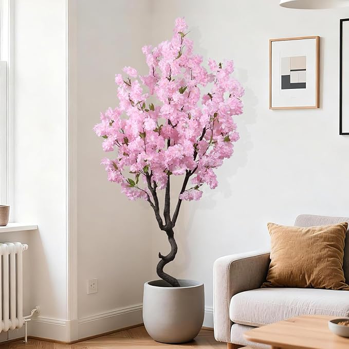 Faux Pink Cherry Blossom 5.5ft(67in) Tall Artificial Plant Indoor Decor Natural Realistic Fake Cherry Blossom Tree for Wedding Party Sakura Plant in Pot for Home Living Room,Office,Outdoor Decor