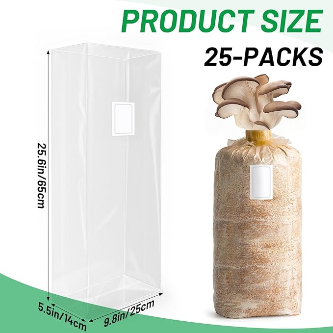 GREANER Mushroom Grow Bags 6 Mil, 9.8"x5.5"x25.6" Thick Autoclave Spawn Bags with Injection Port for Your Grain-25PCS