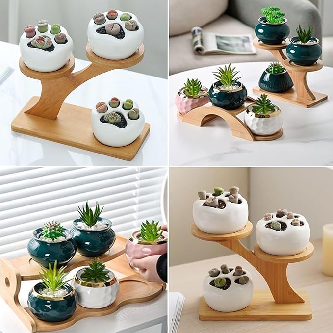 Bamboo Plant Stand Indoor 3 Tier Mini Succulent Window Shelf for Plants with Rectangular Bamboo Tray, Small Tabletop Flower Pot Holder for Home Office Windowsill Patio Garden Balcony.