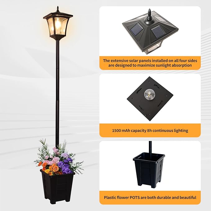 59" Solar Lamp Post with Planter 2-in-1, Solar Post Lights Outdoor Waterproof, Dusk to dawn Warm Yellow Lights, Outdoor Planter for Real or Fake Flowers, Solar Lights for Lawn, Patio, Front/Back Door