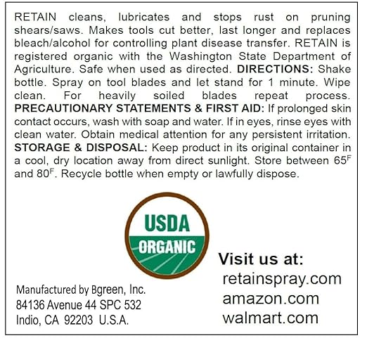 RETAIN Organic Pruning Tool Cleaner, Lube, No Rust 4 oz Spray