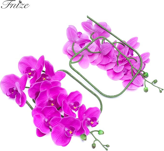 Fnize Artificial Orchid Stems Real Touch Latex Phalaenopsis Branches Faux Cymbidium Flowers 9 Large Petals 38 Inches 2pcs (Rose red)