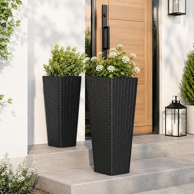 Giantex Set of 2 Planters for Outdoor Plants, Tall Tapered Plants w/Inner Trays, Drainage Holes, Decorative PP Flowerpots 32" & 24" Tall for Porch, Patio, Garden, Backyard, Indoors & Outdoors (Black)