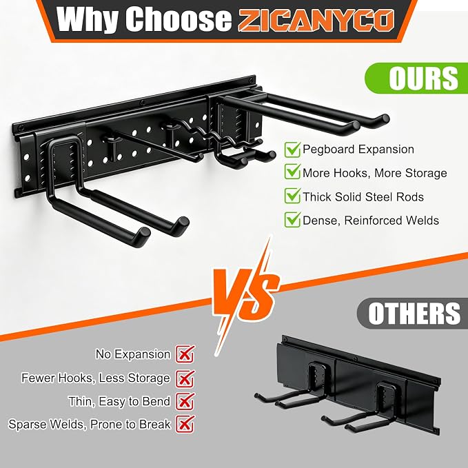 Garage Tool Organizer Wall Mount 49.5 inches with 10 Adjustable Heavy-Duty Hooks, Garage Organization, Garden Tool Storage Rack for Garage, Yard, and Shed, Holds Up to 400 lbs