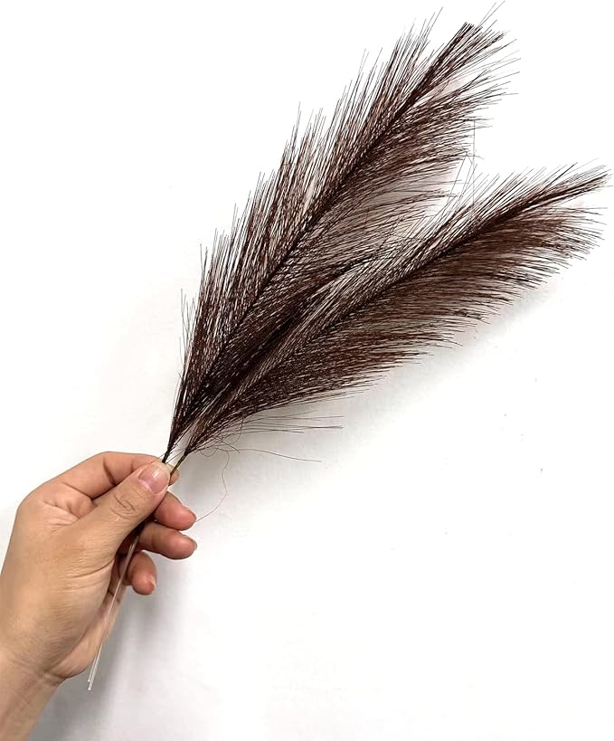 Fake Pampas Grass Plants Artificial Reeds Decoration Set of 28 Stems 17” Faux Florals Bulrush Fluffy Beige Branches Home Wedding Party Vase Fillers Christmas DIY Feathers Décor - Brown Coffee 28 Pcs