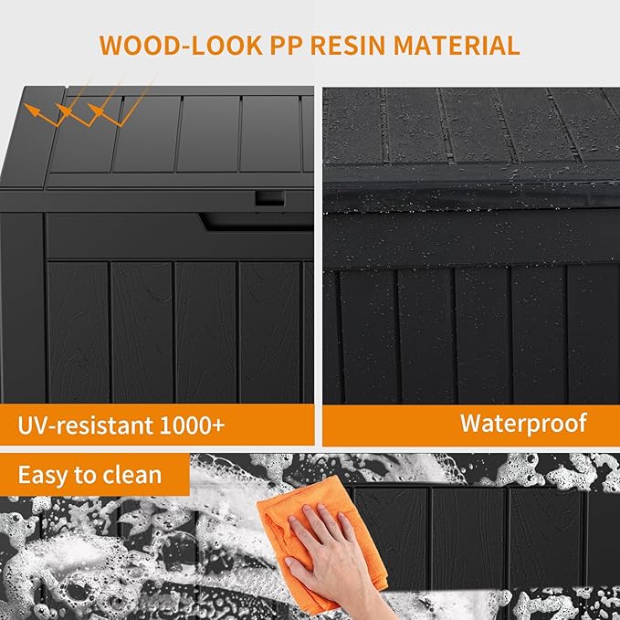 PatioZen 31 Gallon Resin Deck Box, Lockable Patio Outdoor Storage Box for Furniture, Garden Tools and Tools Storage, Waterproof Outside Storage Boxes - Black