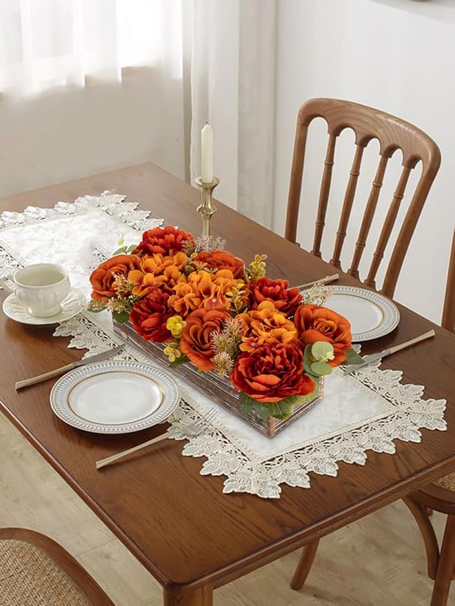 DILATATA Flower Arrangement with Wooden Vase 14" Artificial Flowers in Pot - Fake Flowers Roses Peonies Hydrangeas in Wooden Vase Potted Flower Centerpieces for Table Decor Living Room - Dried Orange