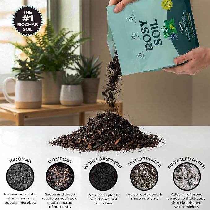Rosy Soil Herb Mix - Organic Potting Mix for Herbs - Enriched with Biochar, Worm Castings for Root Development, Nutrient Uptake, and Strong Flavor - Fast Draining, Peat Free, Less Prone to Gnats - 4qt