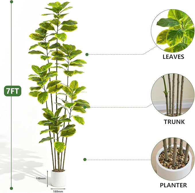 Ficus Tree Artificial Plants Indoor, 7FT Tall Fake Trees in White Pot, Large Potted Silk Floor Plant Artificial Trees, Green Lifelike Faux Ficus Tree for Home Room Office Porch Decor-Yellow