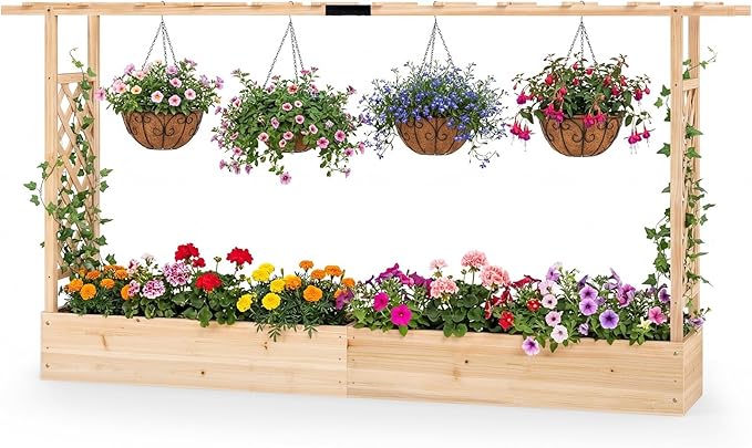 BECOMFORT Raised Garden Bed with Trellis & Hanging Roof, 45" Tall Fir Wood Planter Box with Drainage Holes, Outdoor Elevated Garden Planter for Climbing Vines, Perfect for Patio, Lawn & Backyard